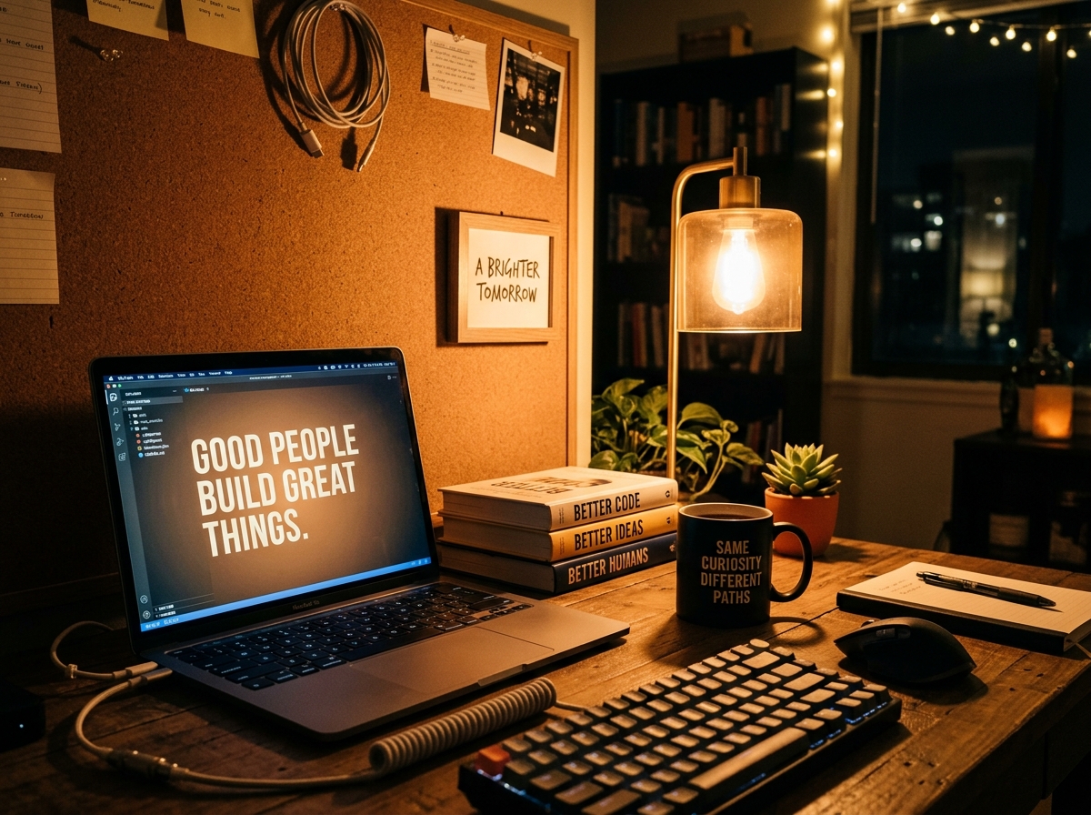 Kunal's cozy developer workspace with Good People Build Great Things laptop and books