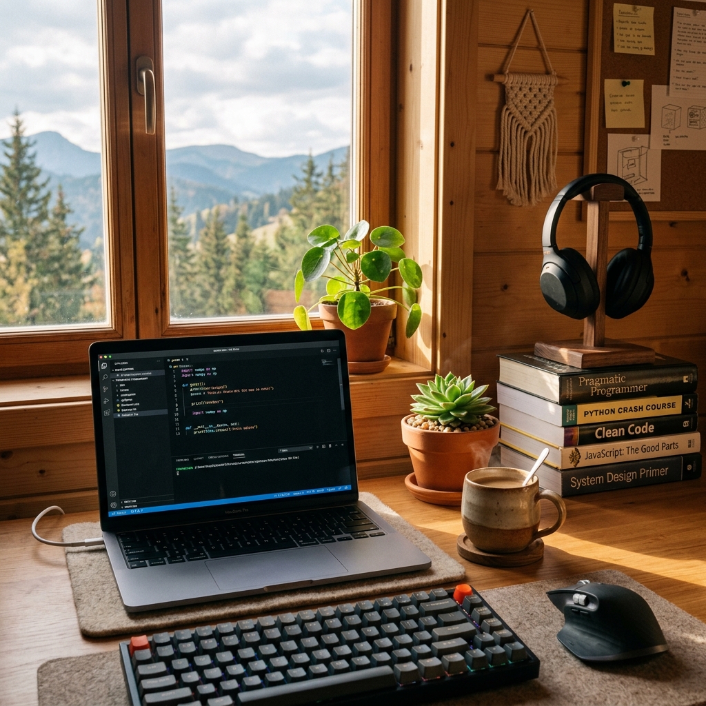 Cozy workspace desk setup with code editor and mountain window view